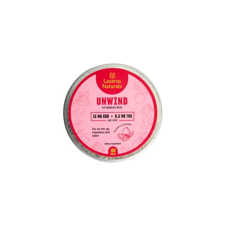 Lazarus Naturals Unwind Mints – Strawberry Lemonade – 15mg CBD + 0.5mg THC per Mint – 100ct Tin